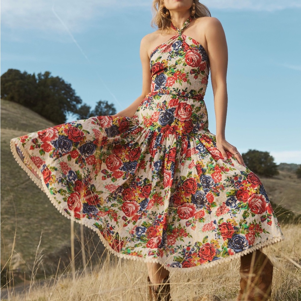 Floral Halter Midi Dress in Cream with Red & Blue Roses